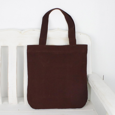 Cotton tote bag, 'River Paradise' - Deep Brown Cotton Tote Bag with Scalloped Detail