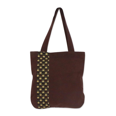 Cotton tote bag, 'River Paradise' - Deep Brown Cotton Tote Bag with Scalloped Detail