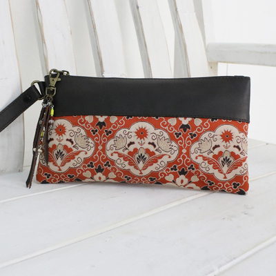 Leather accent silk wristlet, 'Chiang Mai Bouquet' - Leather Accent Silk Floral Wristlet in Pumpkin from Thailand