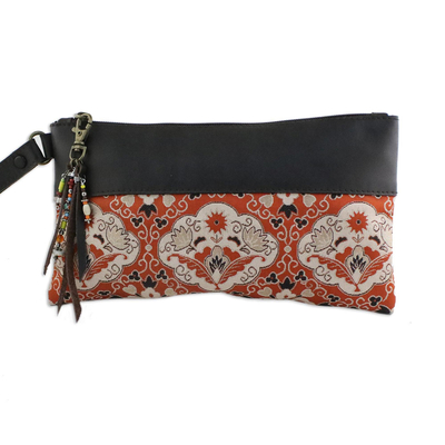 Leather Accent Silk Floral Wristlet in Pumpkin from Thailand