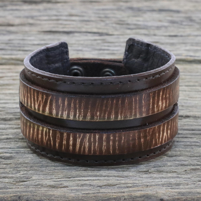 Men's leather wristband bracelet, 'Genuine Charm in Dark Brown' - Men's Leather Wristband Bracelet in Dark Brown from Thailand