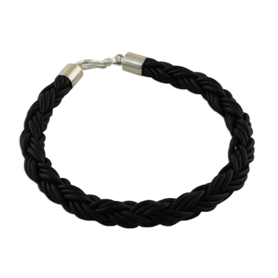 Men's leather bracelet, 'Sophisticated Braid in Black' - Men's Leather Braided Bracelet in Black from Thailand