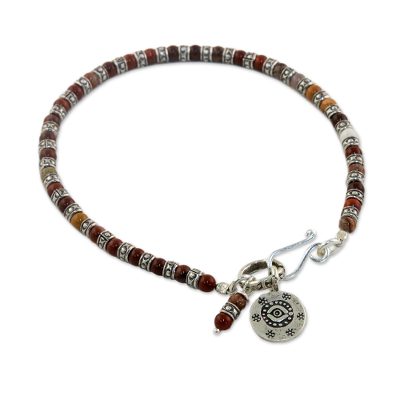 Agate beaded bracelet, 'Karen Eye' - Karen Silver and Agate Beaded Bracelet from Thaliand