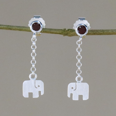 Garnet dangle earrings, 'Elephant Swing' - Garnet and Sterling Silver Elephant Earrings from Thailand