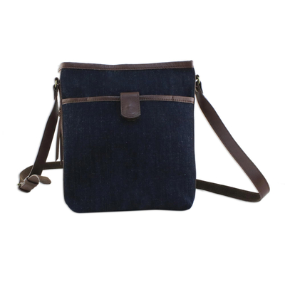 Leather Accent Cotton Denim Sling in Navy from Thailand