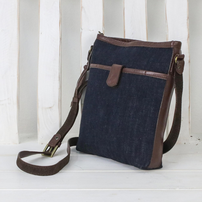 Leather accent denim sling, 'Navy Denim' - Leather Accent Cotton Denim Sling in Navy from Thailand