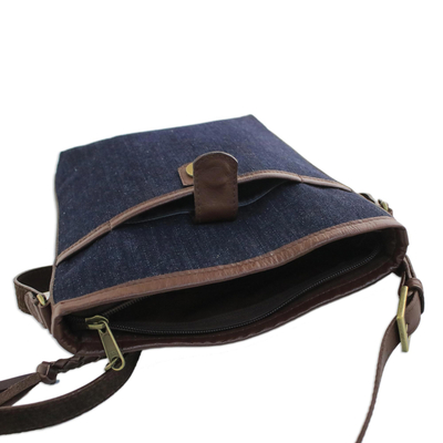 Leather accent denim sling, 'Navy Denim' - Leather Accent Cotton Denim Sling in Navy from Thailand