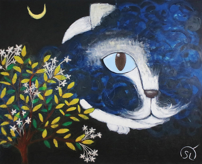 Original Signed Tuxedo Cat Painting from Thailand