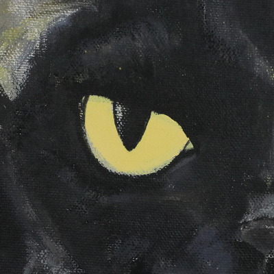 'Smiling Black Cat' - Signed Naif Painting of a Black Cat from Thailand