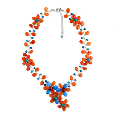 Carnelian and Calcite Beaded Floral Necklace from Thailand