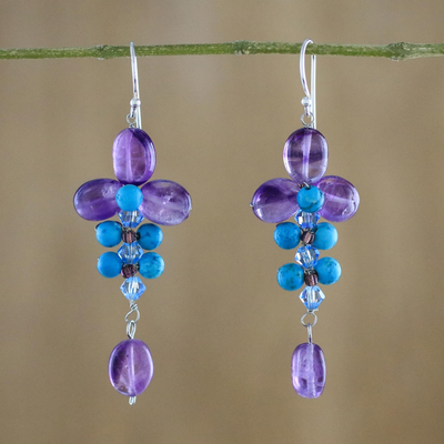Amethyst and calcite dangle earrings, 'Succulent Vines' - Amethyst and Calcite Dangle Earrings from Thailand