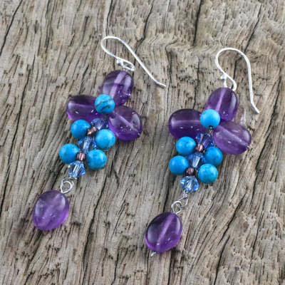 Amethyst and calcite dangle earrings, 'Succulent Vines' - Amethyst and Calcite Dangle Earrings from Thailand