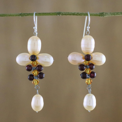 Cultured pearl and garnet dangle earrings, 'Succulent Vines' - Cultured Pearl and Garnet Dangle Earrings from Thailand