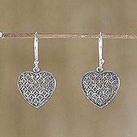 Sterling silver dangle earrings, 'Textured Hearts' - Sterling Silver Heart-Shaped Dangle Earrings from Thailand