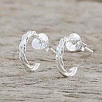 Sterling silver half-hoop earrings, 'Intricately Minimal' - Thai Artisan Crafted Sterling Silver Half Hoop Earrings