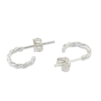 Sterling silver half-hoop earrings, 'Intricately Minimal' - Thai Artisan Crafted Sterling Silver Half Hoop Earrings