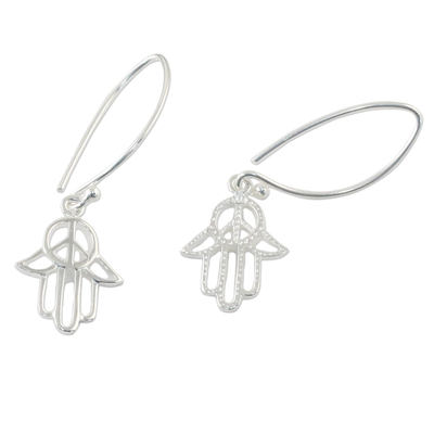 Sterling silver dangle earrings, 'Peaceful Hamsa' - Sterling Silver Hamsa Peace Sign Earrings from Thailand