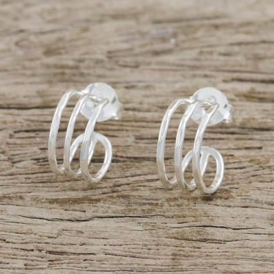Sterling silver half-hoop earrings, 'Curved Baskets' - Sterling Silver Openwork Half-Hoop Earrings from Thailand