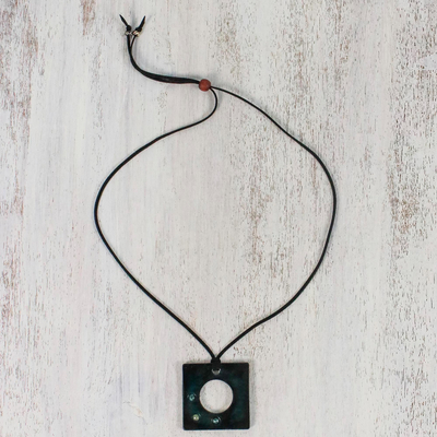 Agate pendant necklace, 'Lucky Square in Green' - Agate and Leather Pendant Necklace in Green from Thailand