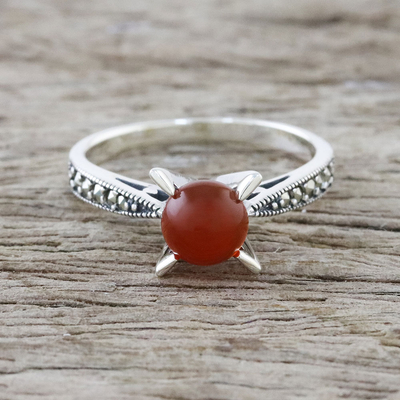 Carnelian and marcasite cocktail ring, 'Magical Cradle' - Marcasite-Paved Carnelian Cocktail Ring from Thailand