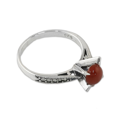 Carnelian and marcasite cocktail ring, 'Magical Cradle' - Marcasite-Paved Carnelian Cocktail Ring from Thailand