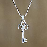 Sterling silver pendant necklace, 'Heart Key' - Sterling Silver Key Pendant Necklace from Thailand
