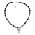 Onyx beaded pendant necklace, 'Faithful Proclamation' - Onyx and Silver Beaded Cross Pendant Necklace from Thailand