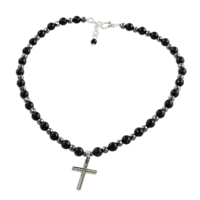 Onyx beaded pendant necklace, 'Faithful Proclamation' - Onyx and Silver Beaded Cross Pendant Necklace from Thailand