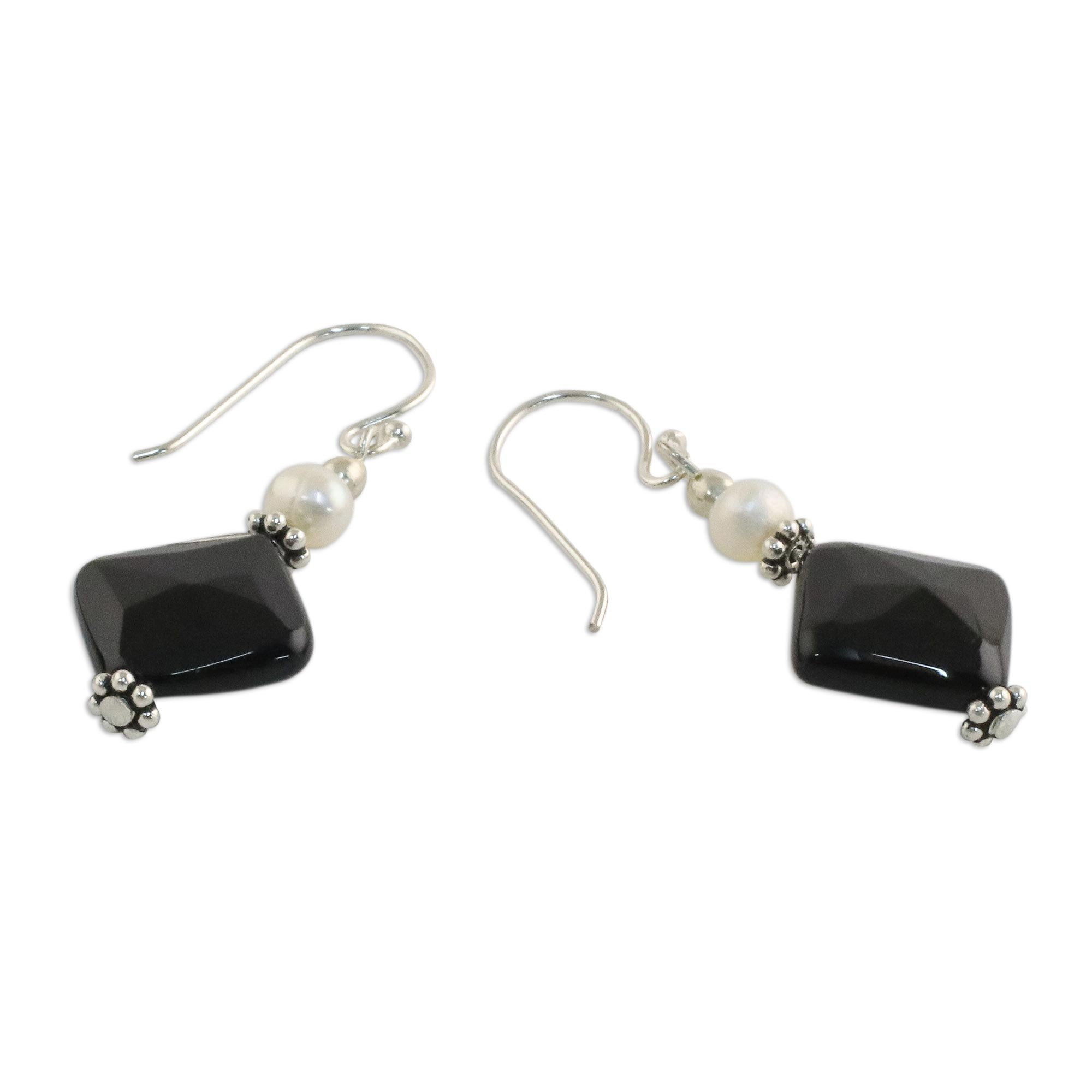 Onyx and Cultured Pearl Dangle Earrings from Thailand - Mysterious ...