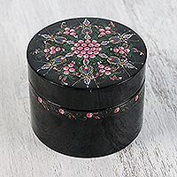Decorative wood box, 'Floral Abundance' - Black and Pink Floral Round Lacquered Box