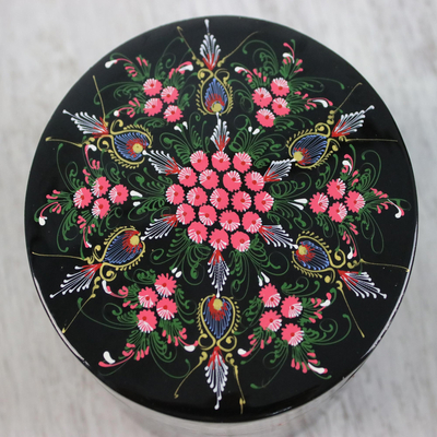 Dekorative Holzkiste - Runde lackierte Box mit schwarzem und rosa Blumenmuster