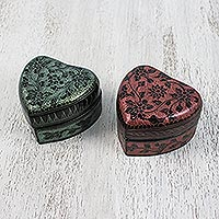 Decorative wood boxes, 'Floral Hearts' (pair) - Lacquerware Heart Shaped Boxes in Pink and Green (Pair)