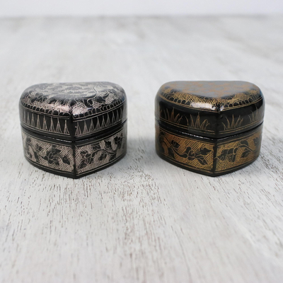 Decorative wood boxes, 'Heart to Heart' (pair) - Decorative Heart Shaped Lacquerware Boxes (Pair)