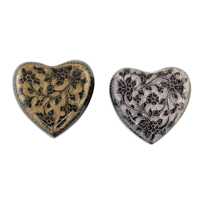 Cajas decorativas de madera, (pareja) - Cajas decorativas lacadas en forma de corazón (par)