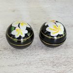 Decorative wood boxes, 'Plumeria Charm' (pair) - Pair of Round Lacquerware Boxes with Plumeria Motifs