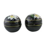Decorative wood boxes, 'Plumeria Charm' (pair) - Pair of Round Lacquerware Boxes with Plumeria Motifs