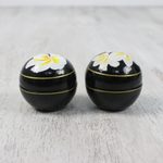 Decorative wood boxes, 'Plumeria Charm' (pair) - Pair of Round Lacquerware Boxes with Plumeria Motifs
