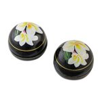 Decorative wood boxes, 'Plumeria Charm' (pair) - Pair of Round Lacquerware Boxes with Plumeria Motifs