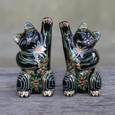 Wood figurines, 'Waving Cats' (pair) - Lacquerware Wood Cat Figurines from Thailand (Pair)