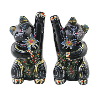Lacquerware Wood Cat Figurines from Thailand (Pair)