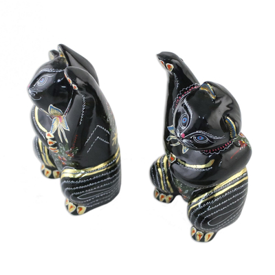 Wood figurines, 'Waving Cats' (pair) - Lacquerware Wood Cat Figurines from Thailand (Pair)