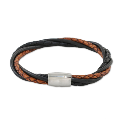Leather wristband bracelet, 'Harmonious Braid' - Black and Brown Leather Wristband Bracelet from Thailand