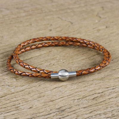 Leather wrap bracelet, 'Brown Charm' (15.5 inch) - 15.5 Inch Brown Leather Wrap Bracelet from Thailand
