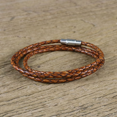 Leather wrap bracelet, 'Brown Charm' (23 inch) - 23 Inch Braided Brown Leather Wrap Bracelet from Thailand