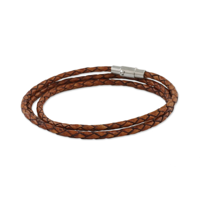23 Inch Braided Brown Leather Wrap Bracelet from Thailand