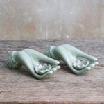 Celadon ceramic incense holders, 'Thai Dance Hands' (pair) - Light Green Celadon Incense Holders Set of 2 from Thailand