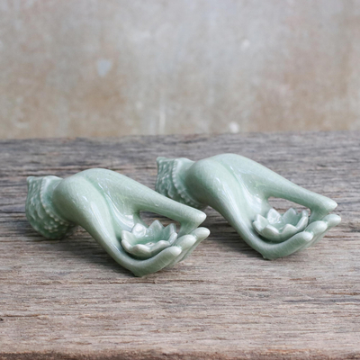 Celadon ceramic incense holders, Thai Dance Hands (pair)
