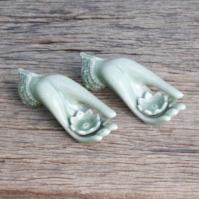 Celadon ceramic incense holders, 'Thai Dance Hands' (pair) - Light Green Celadon Incense Holders Set of 2 from Thailand