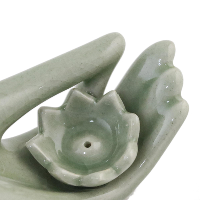 Porta incienso de cerámica Celadon, (par) - Juego de 2 soportes de incienso de celadón verde claro de Tailandia