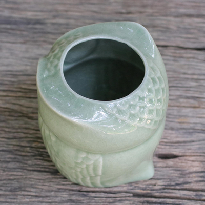 Celadon ceramic toilet tissue holder, 'Sleepy Owl' - Celadon Ceramic Owl Shaped Toilet Tissue Holder